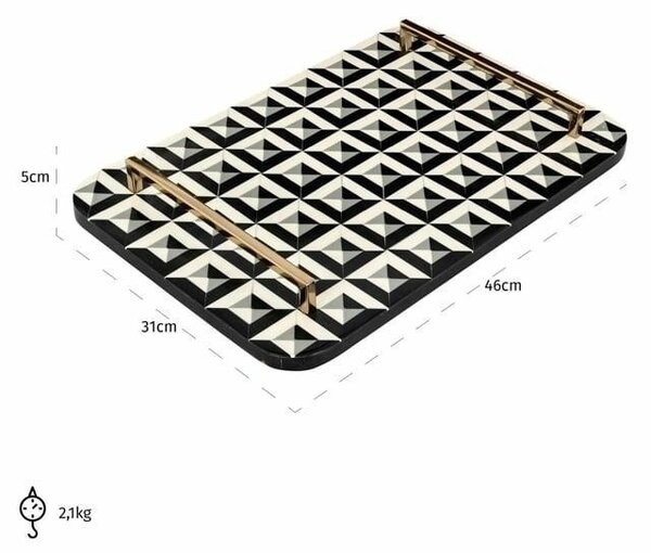 Richmond BIRTE Dekoratív Geometrikus Tálca Gyanta Fekete-Fehér Arany Fogantyúkkal
