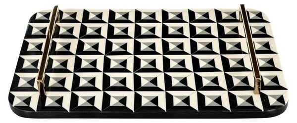 Richmond BIRTE Dekoratív Geometrikus Tálca Gyanta Fekete-Fehér Arany Fogantyúkkal
