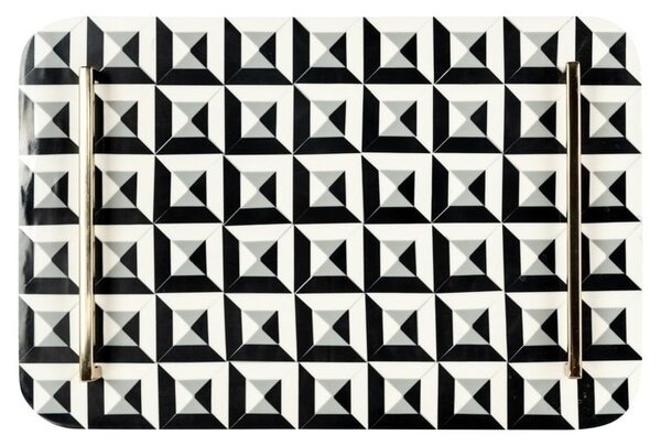 Richmond BIRTE Dekoratív Geometrikus Tálca Gyanta Fekete-Fehér Arany Fogantyúkkal