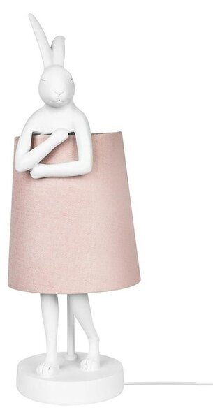 KARE Design Rabbit Asztali Lámpa Fehér Polirezin Rózsaszín Lenvászon Ernyővel 68 cm