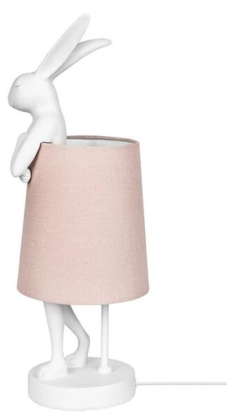 KARE Design Rabbit Asztali Lámpa Fehér Polirezin Rózsaszín Lenvászon Ernyővel 68 cm