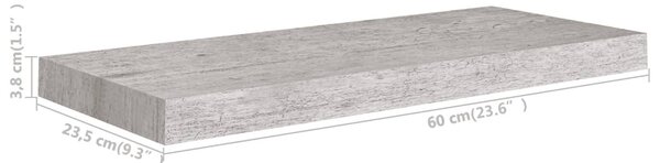 2 db betonszürke MDF lebegő fali polc 60 x 23,5 x 3,8 cm