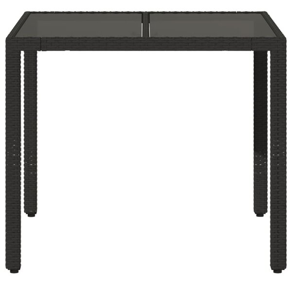 Fekete polyrattan üveglapos kerti asztal 90 x 90 x 75 cm