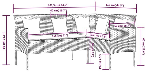 VidaXL fekete polyrattan L-alakú kanapé párnákkal