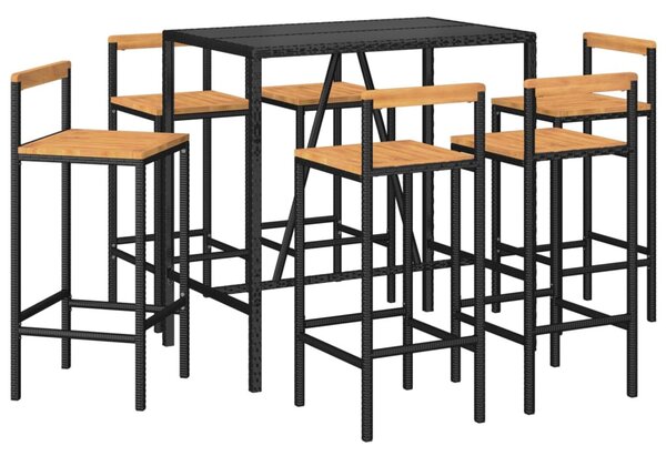 7 részes fekete polyrattan és tömör akácfa kerti bárszett