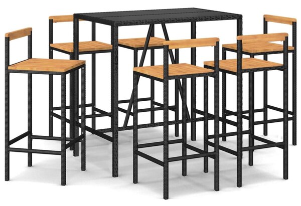 7 részes fekete polyrattan és tömör akácfa kerti bárszett