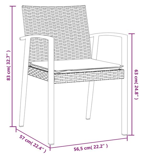 2 db fekete polyrattan kerti szék párnával 56,5 x 57 x 83 cm