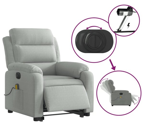 Elektromos felállást segítő világosszürke bársony masszázsfotel