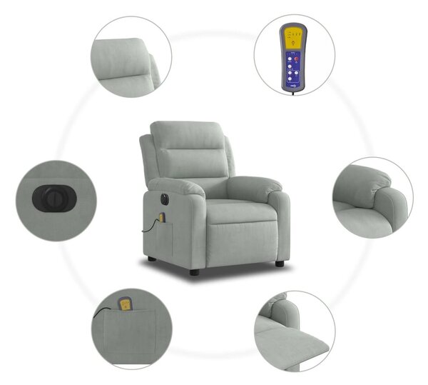 Világosszürke bársony elektromos dönthető masszázsfotel