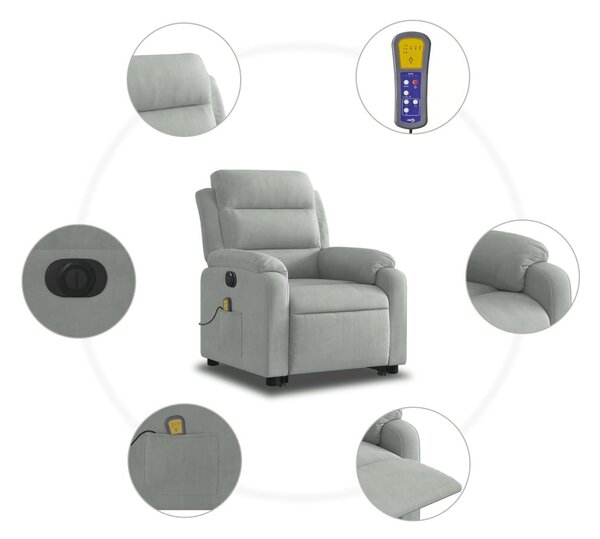 Elektromos felállást segítő világosszürke bársony masszázsfotel