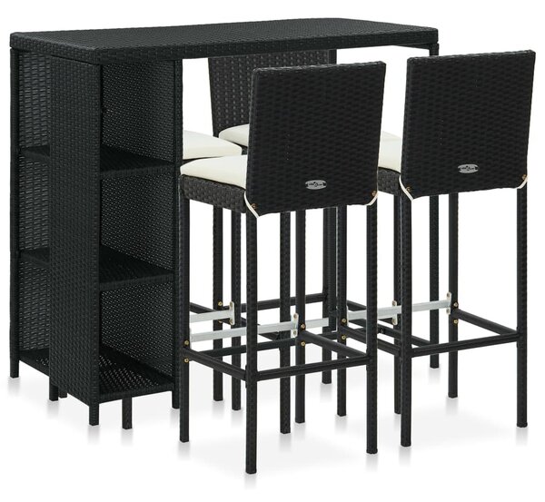5 darabos fekete polyrattan kerti bárszett párnákkal