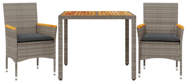3részes szürke polyrattan/akácfa kerti étkezőgarnitúra párnával