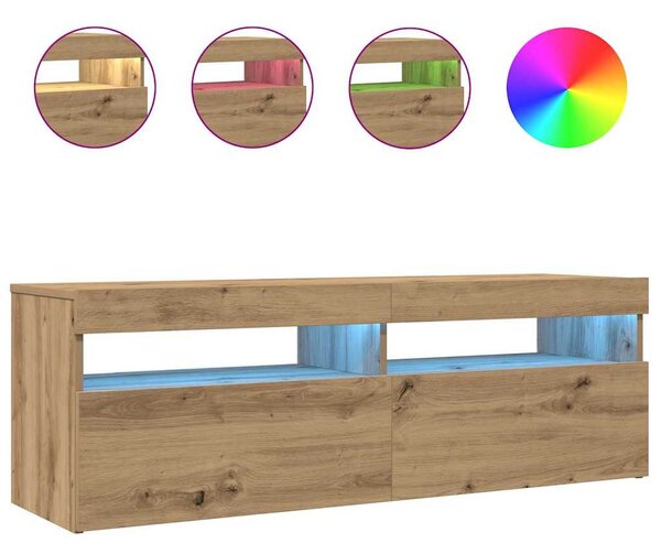 Kézműves tölgy szerelt fa TV-szekrény LED-ekkel 120x35x40 cm