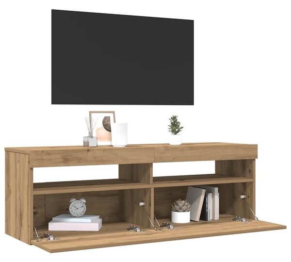 Kézműves tölgy szerelt fa TV-szekrény LED-ekkel 120x35x40 cm