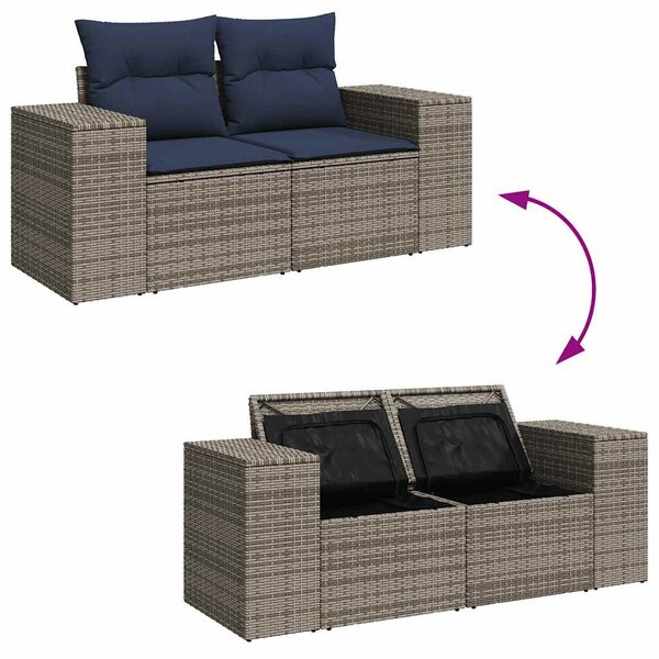 6 részes szürke polyrattan akácfa kerti ülőgarnitúra párnákkal