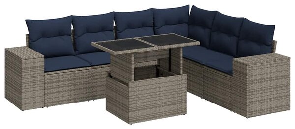 7 részes szürke polyrattan akácfa kerti ülőgarnitúra párnákkal