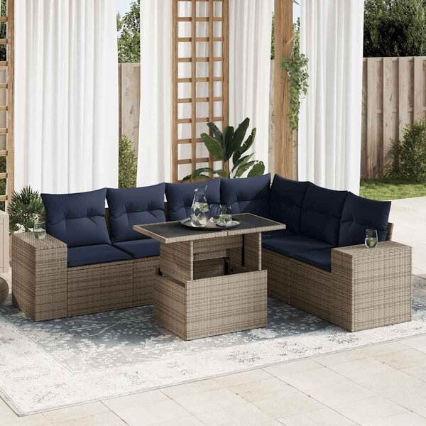7 részes szürke polyrattan akácfa kerti ülőgarnitúra párnákkal