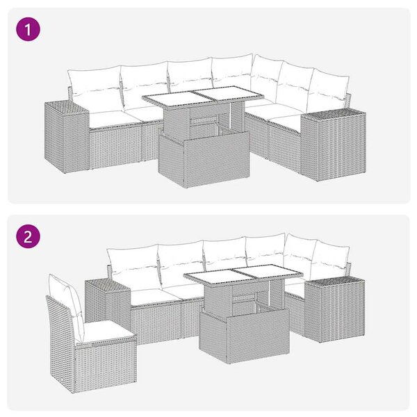 7 részes szürke polyrattan akácfa kerti ülőgarnitúra párnákkal