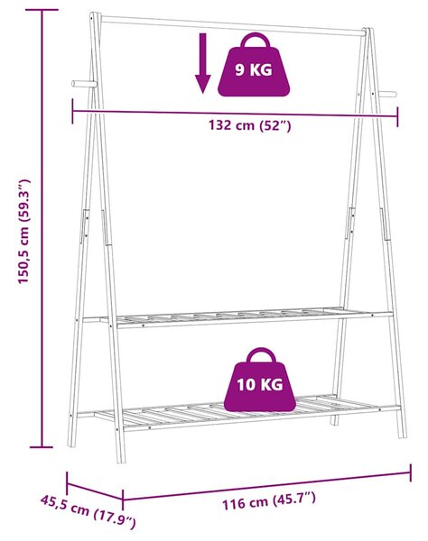 Bambusz ruhaállvány polcokkal 132 x 45,5 x 150,5 cm