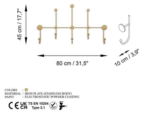 Aranyszínű fém fali fogas Dama – Kalune Design