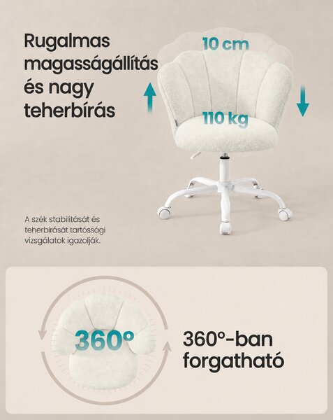 SONGMICS irodai szék és sminkszék, virágszirom háttámlával, állítható magassággal, görgőkkel, max. 110 kg, krémfehér