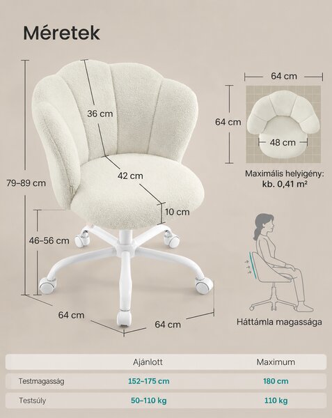 SONGMICS irodai szék és sminkszék, virágszirom háttámlával, állítható magassággal, görgőkkel, max. 110 kg, krémfehér