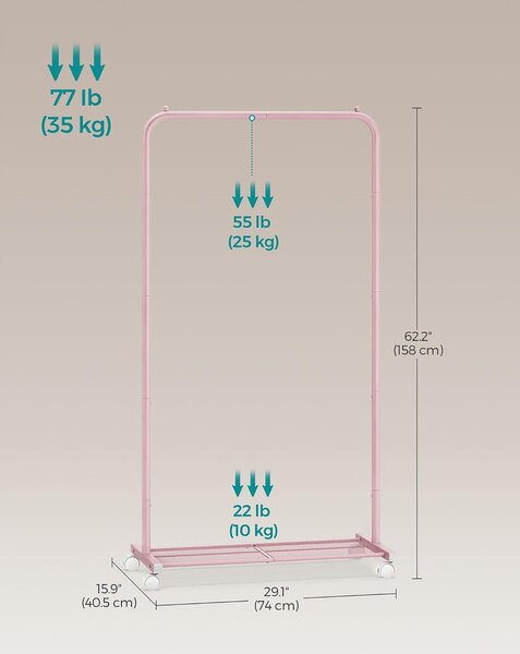 SONGMICS Görgethető Fém Ruhatartó Állvány Polccal, 74 cm, Rózsaszín