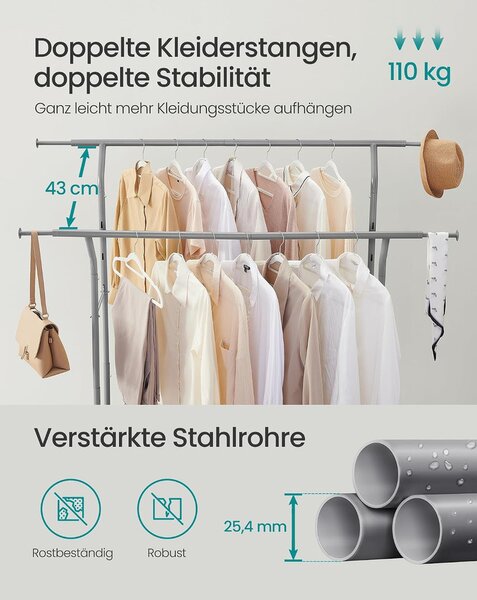SONGMICS Görgethető Ruhatartó Állvány Kihúzható Rúddal, Galambszürke