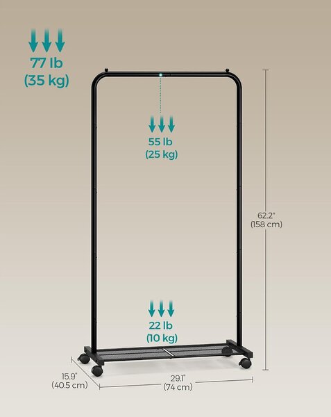 SONGMICS Görgethető Acél Ruhatartó Állvány, PATAYE, 74 cm, Fekete