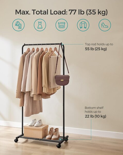 SONGMICS Görgethető Acél Ruhatartó Állvány, PATAYE, 74 cm, Fekete