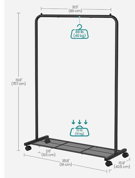 SONGMICS Kerekes Fém Ruhatartó Állvány Cipőtartóval (91 x 40,5 x 157 cm), Fekete