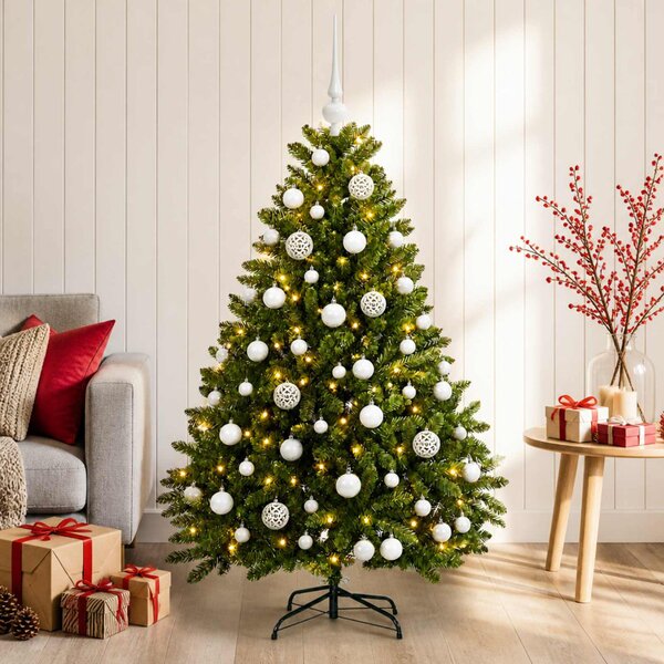 Világos zöld műfenyő gömbdíszekkel 120 cm 150 LED Meleg fehér