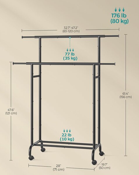 SONGMICS Dupla Görgethető Ruhatartó Állvány, 120 cm, Matt Fekete