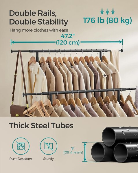SONGMICS Dupla Görgethető Ruhatartó Állvány, 120 cm, Matt Fekete