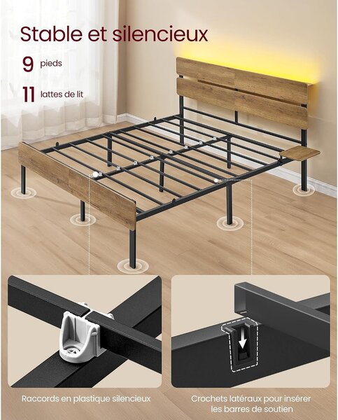 Vasagle fém ágykeret LED-del és USB-vel, 140x190 cm – Barnet
