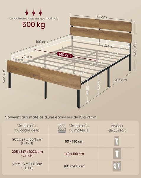 Vasagle fém ágykeret LED-del és USB-vel, 140x190 cm – Barnet