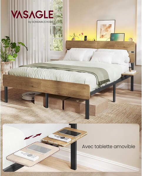 Vasagle fém ágykeret LED-del és USB-vel, 140x190 cm – Barnet