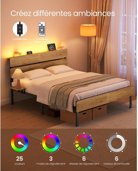 Vasagle fém ágykeret LED-del és USB-vel, 140x190 cm – Barnet
