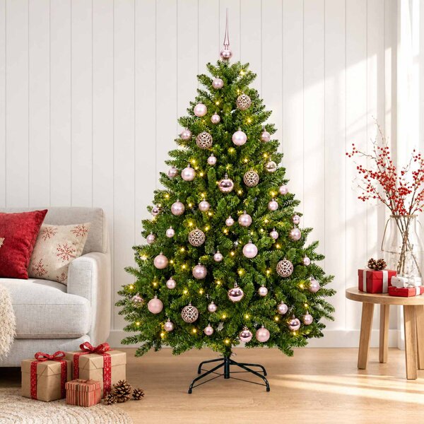 Világos zöld műkarácsonyfa gömbökkel 120 cm 150 LED Meleg fehér