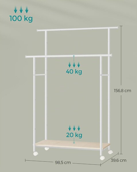 SONGMICS Colten Kétsínes Ruhaállvány Polccal, 98,5 cm, 100 kg, Matt Fehér / Természetes Bézs