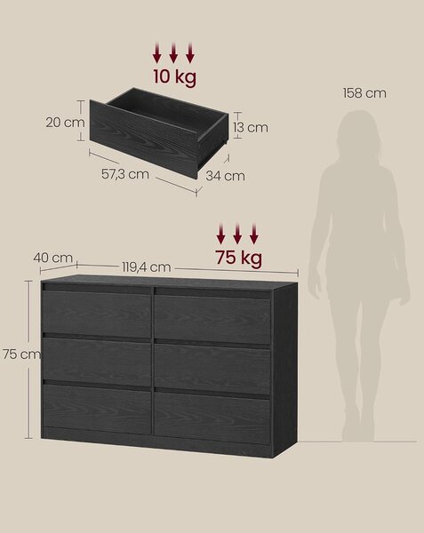 6 fiókos komód, 119,4 x 40 x 75 cm, modern tárolószekrény hálószobába és nappaliba, ébenfekete