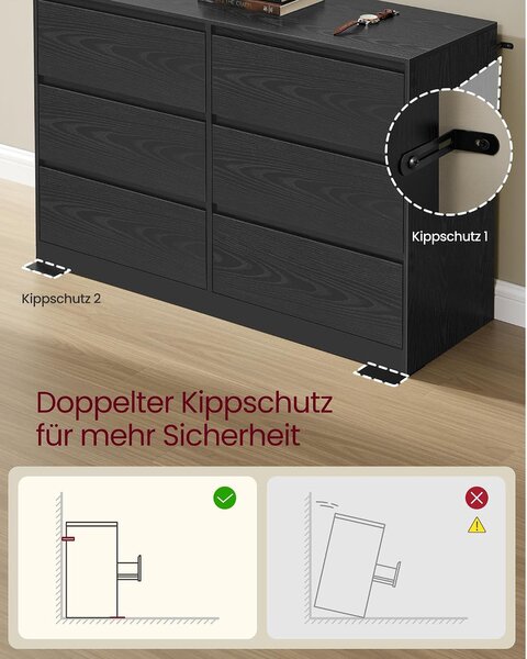 6 fiókos komód, 119,4 x 40 x 75 cm, modern tárolószekrény hálószobába és nappaliba, ébenfekete