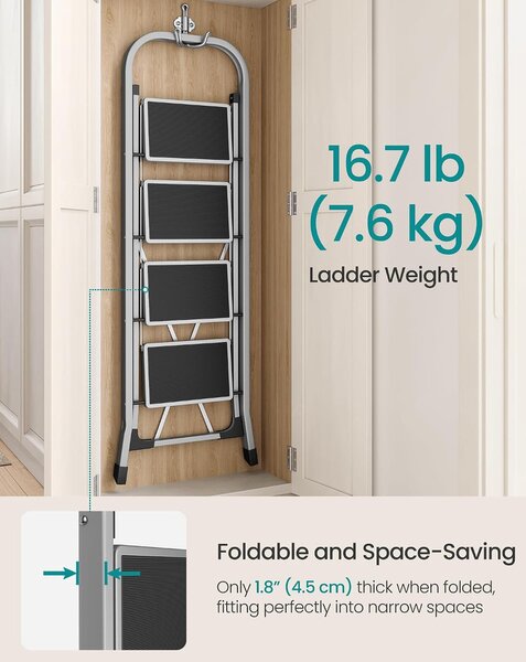 SONGMICS 4 Lépcsős Összecsukható Létrás Fellépő (150 kg Teherbírás), Szürke-Fekete