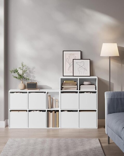 SONGMICS HOME 6 rekeszes könyvespolc 4 szövetfiókkal, 27 x 83 x 61,6 cm, hófehér