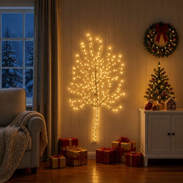 LED-es fali karácsonyfa 150 cm 140 LED Meleg fehér Acél Fekete