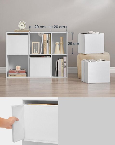 SONGMICS HOME 6 rekeszes könyvespolc 4 szövetfiókkal, 27 x 83 x 61,6 cm, hófehér