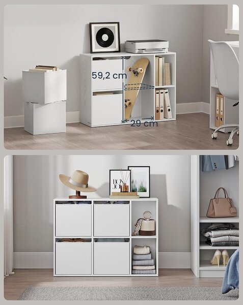 SONGMICS HOME 6 rekeszes könyvespolc 4 szövetfiókkal, 27 x 83 x 61,6 cm, hófehér