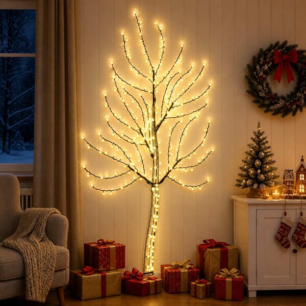 LED-es fali karácsonyfa 180 cm 200 LED Meleg fehér Acél Fekete