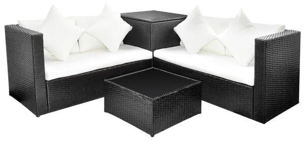 4-részes fekete polyrattan kerti bútorszett párnákkal
