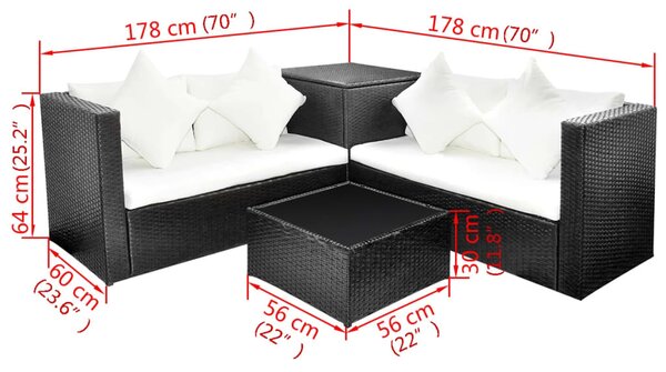 4-részes fekete polyrattan kerti bútorszett párnákkal